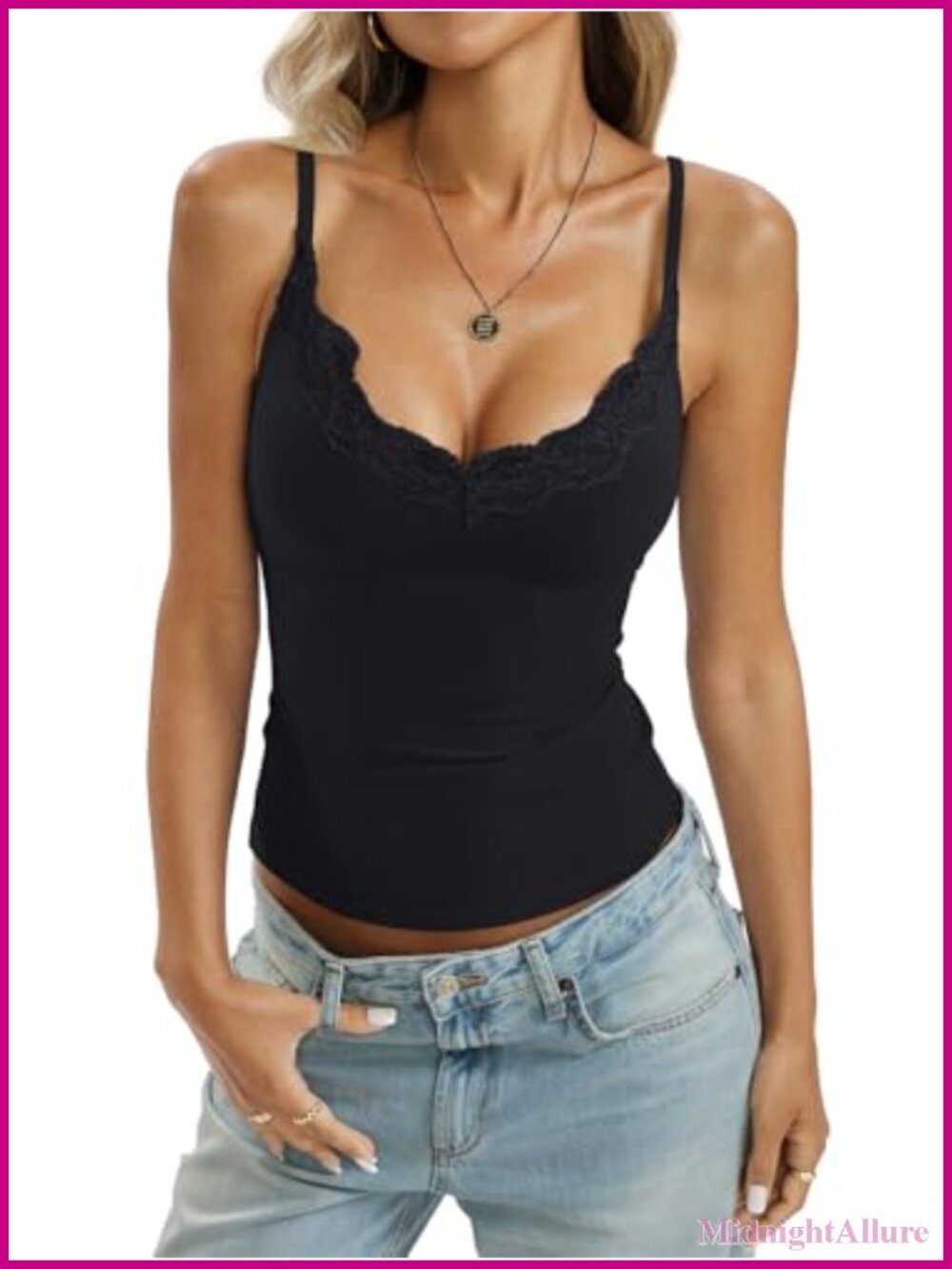 Women's Lace Trim V-Neck Cotton Tank Top Slim Fitted Cami